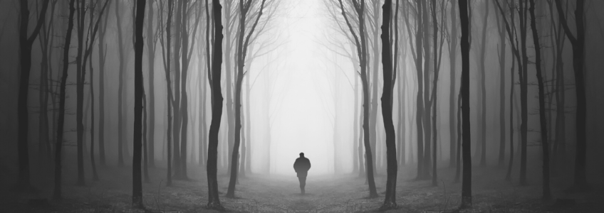 atmosfera tetra uomo che cammina in un sentiero in mezzo agli alberi e nebbia